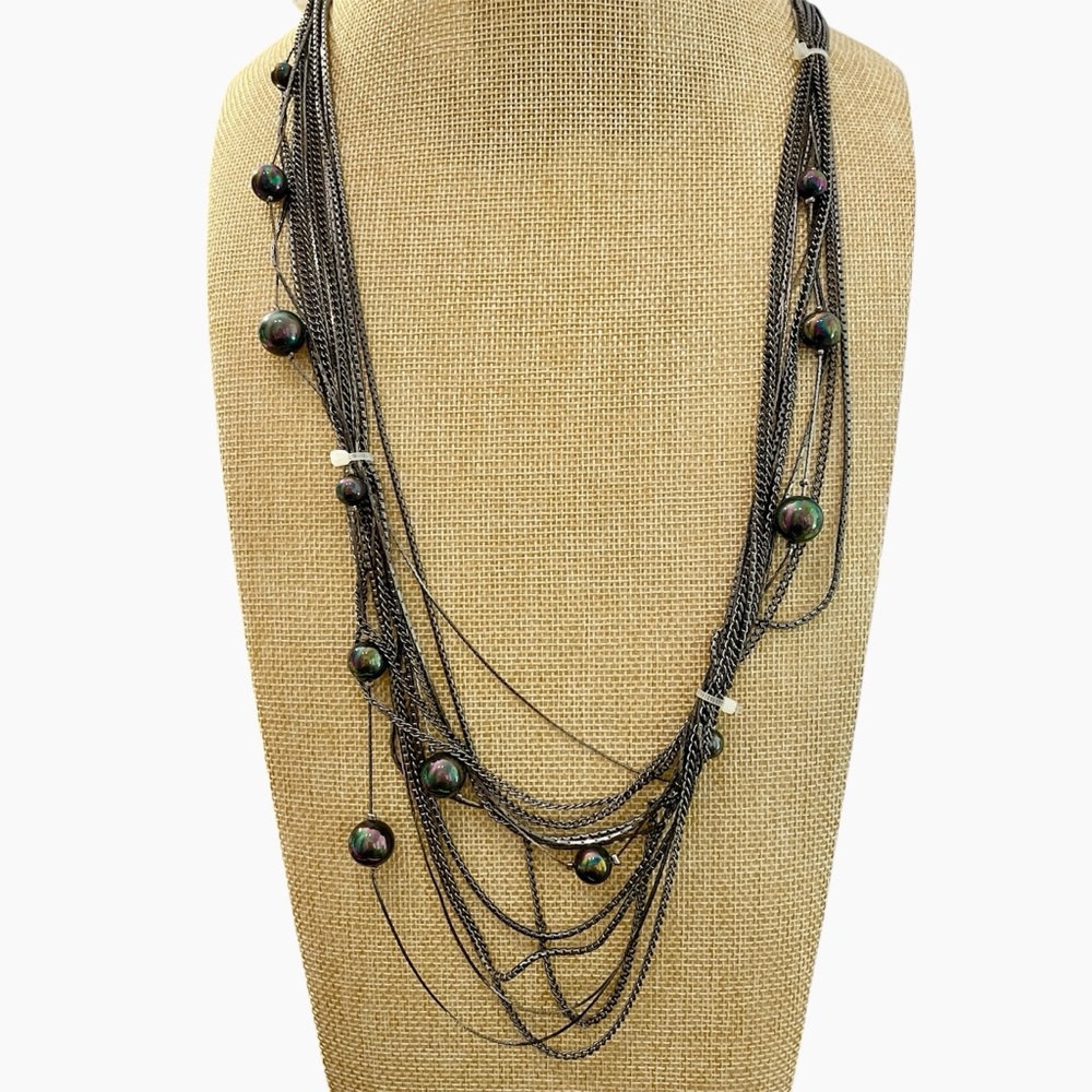 Nwt Cache Gunmetal Metal Layered Chainlink Link Purple Pearl Long Necklace